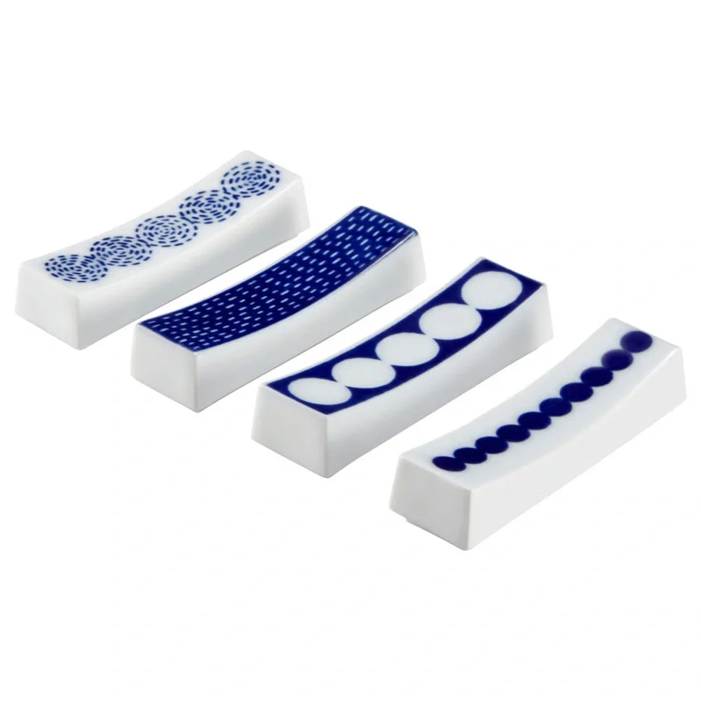 Set of 4 Bamboo Chopsticks with Blue & White Porcelain Holders